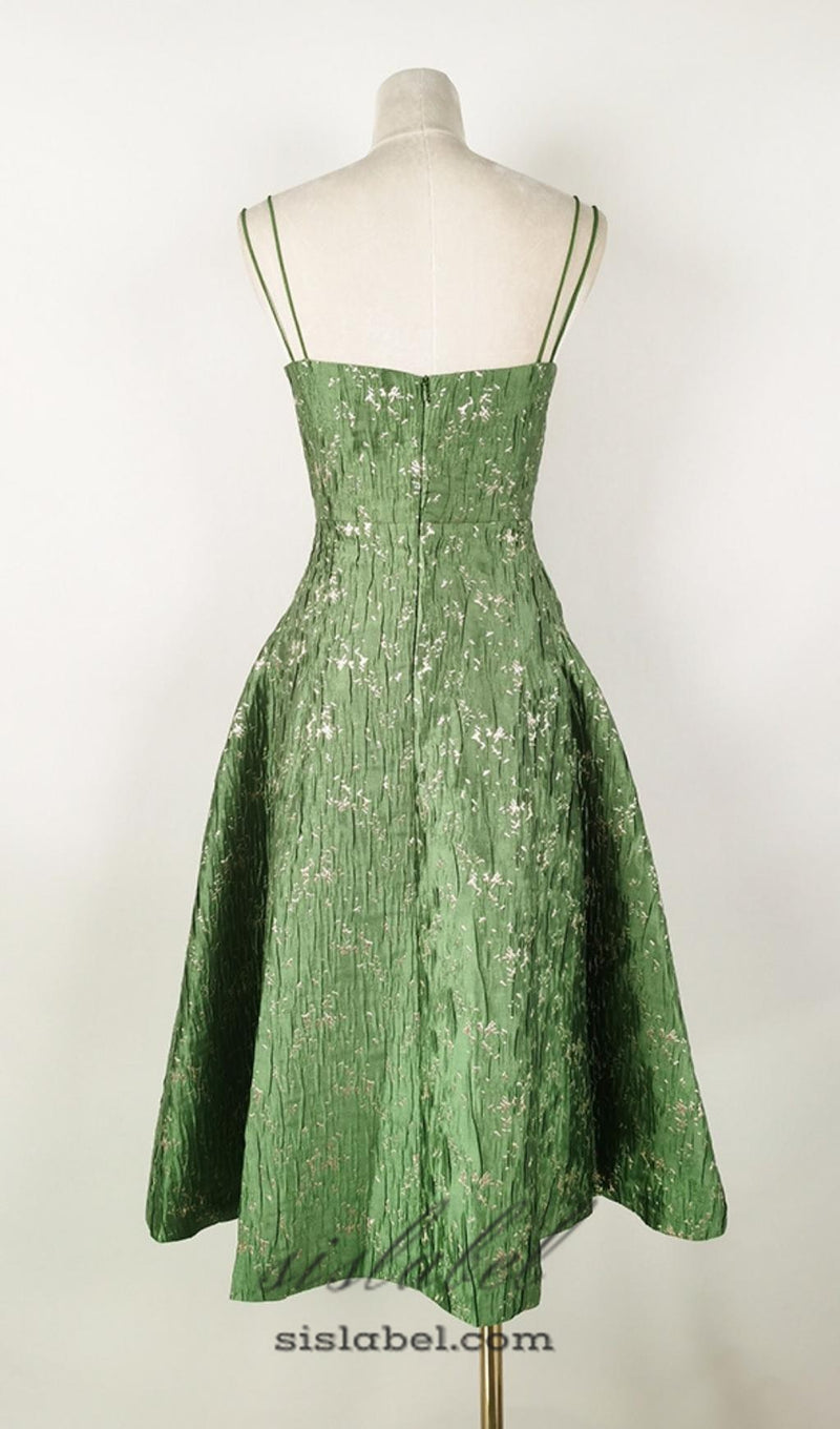 VINTAGE GREEN SUSPENDER JACQUARD MIDI DRESS