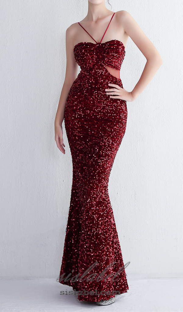 MARIAN BURGUNDY CUTOUT SEQUINS HALTER MAXI DRESS