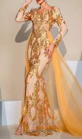 Long Sleeve Split Gold Sequin maxi Dress