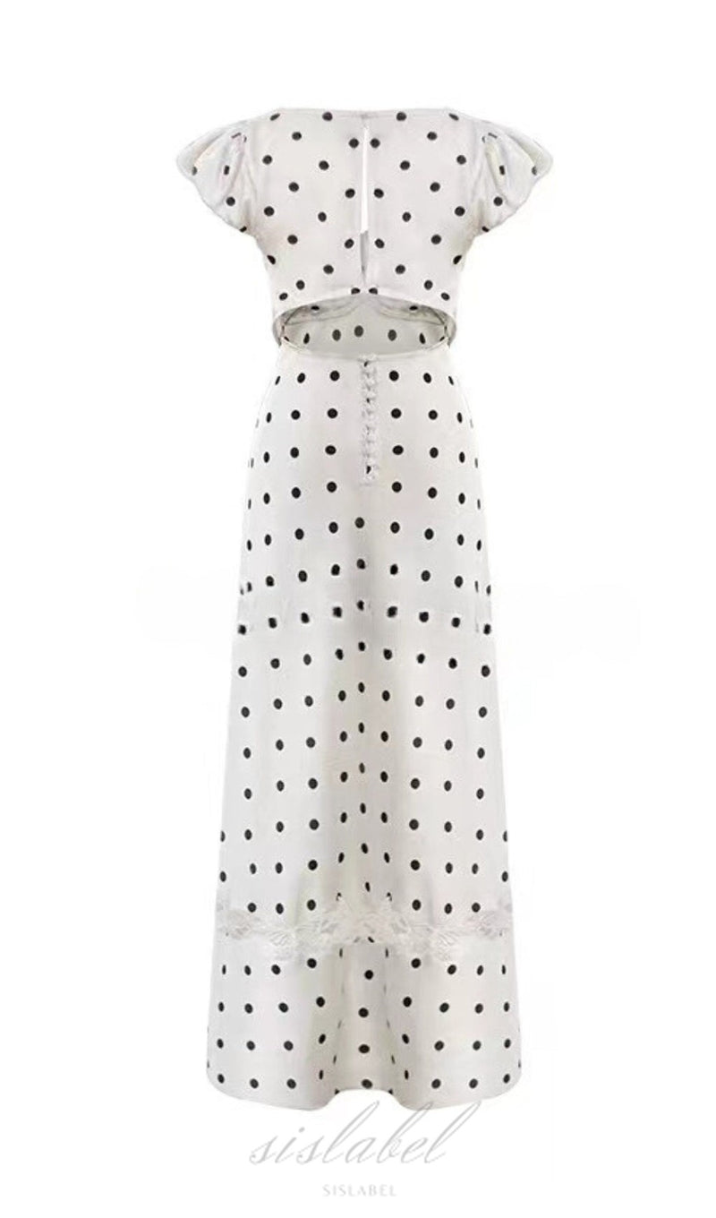 BUTTERFLY EMBELLISHED POLKA DOT CUTOUT MAXI DRESS