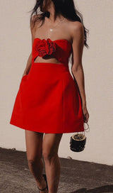 RED STRAPLESS CUTOUT MINI DRESS