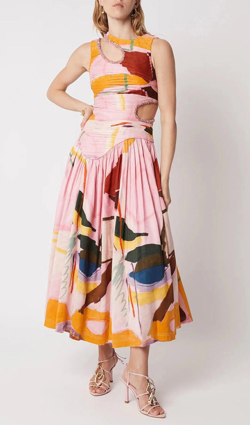 ROBE MIDI DÉCOUPÉE À COL ROND MULTICOLORE