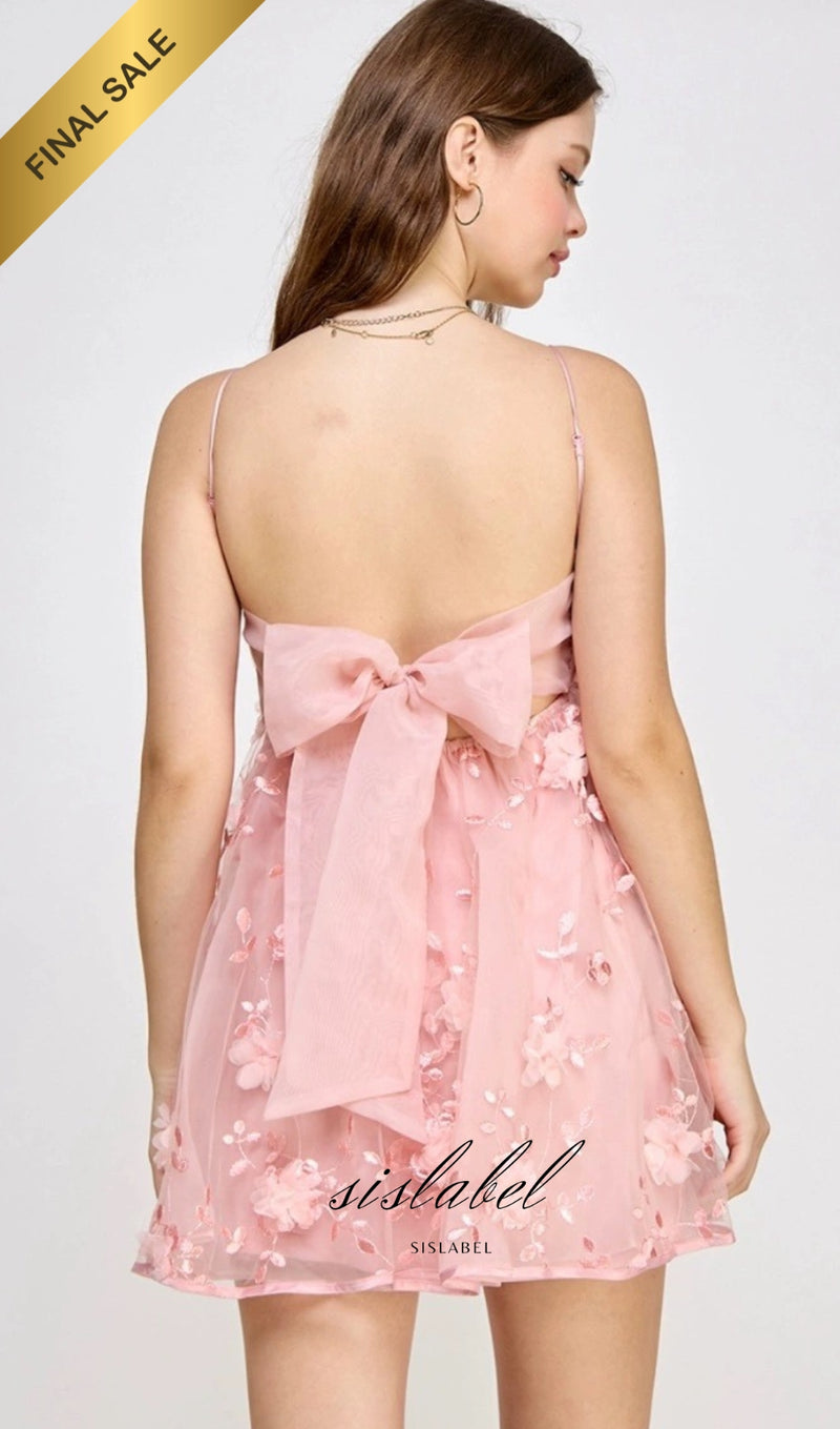 PINK LACE FLOWER MINI DRESS WITH BOW BACK