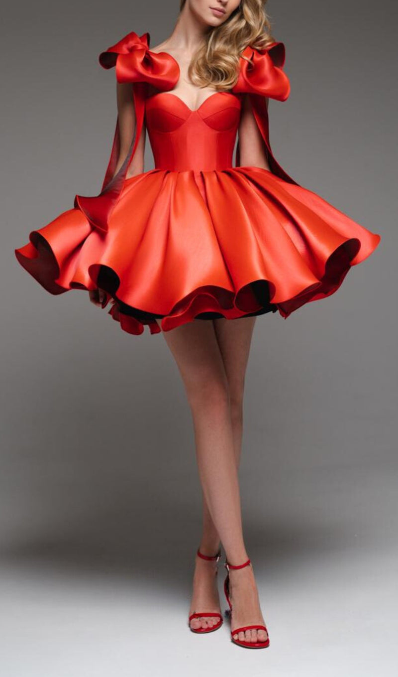 RED BOW PUFFY MINI DRESS