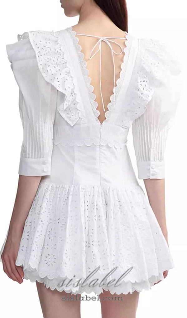 WHITE V-NECK EMBROIDERED RUFFLED MINI DRESS