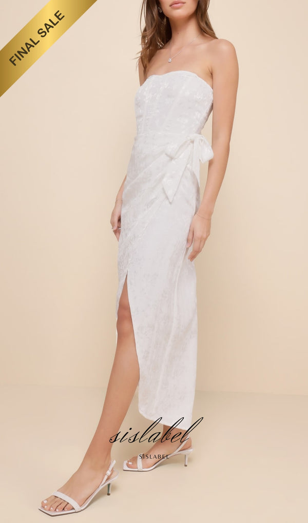 Ivory Satin Jacquard Strapless Bustier Midi Dress