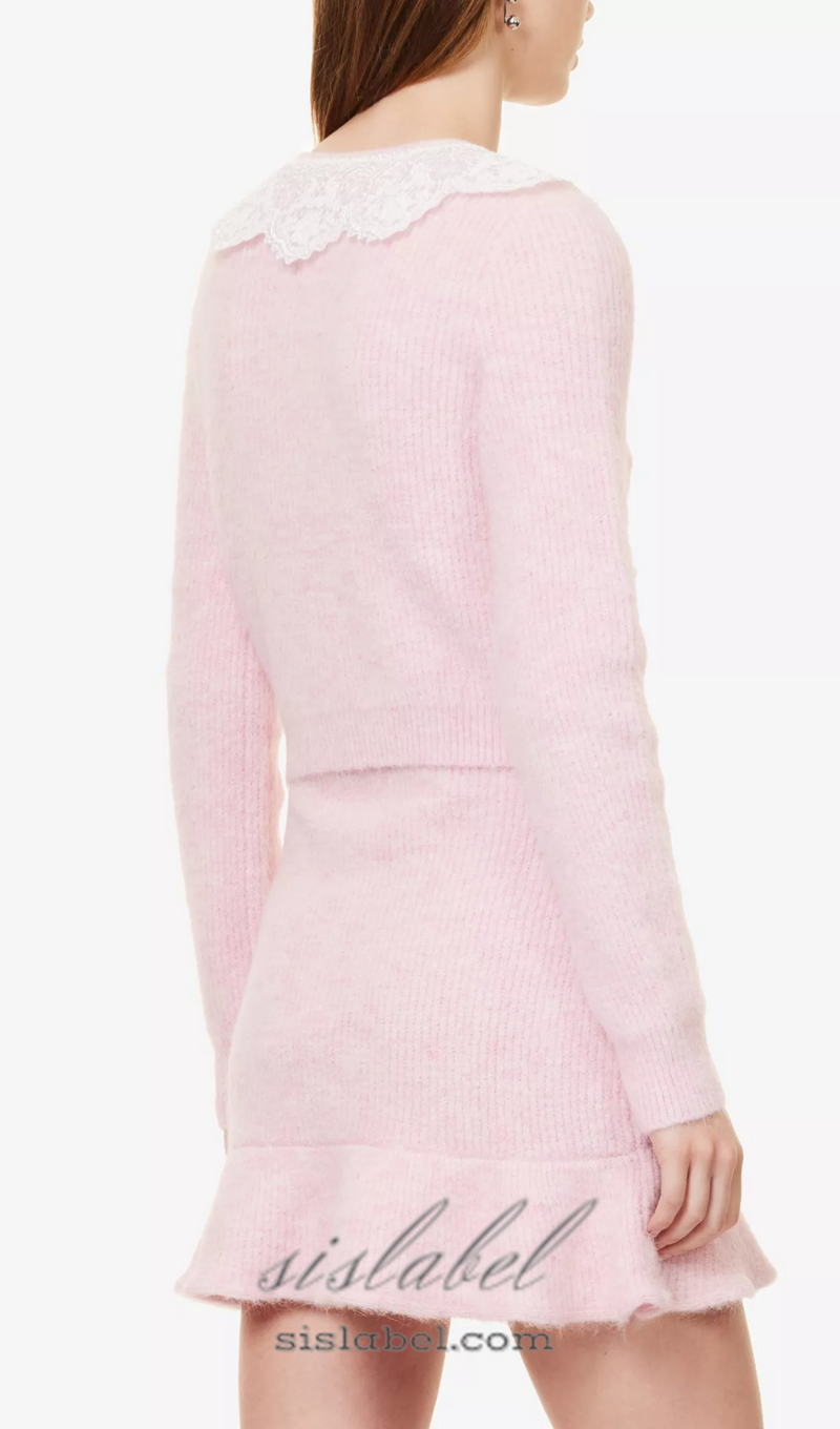 Fluffy ribbed-knit stretch-woven blend cardigan in pink