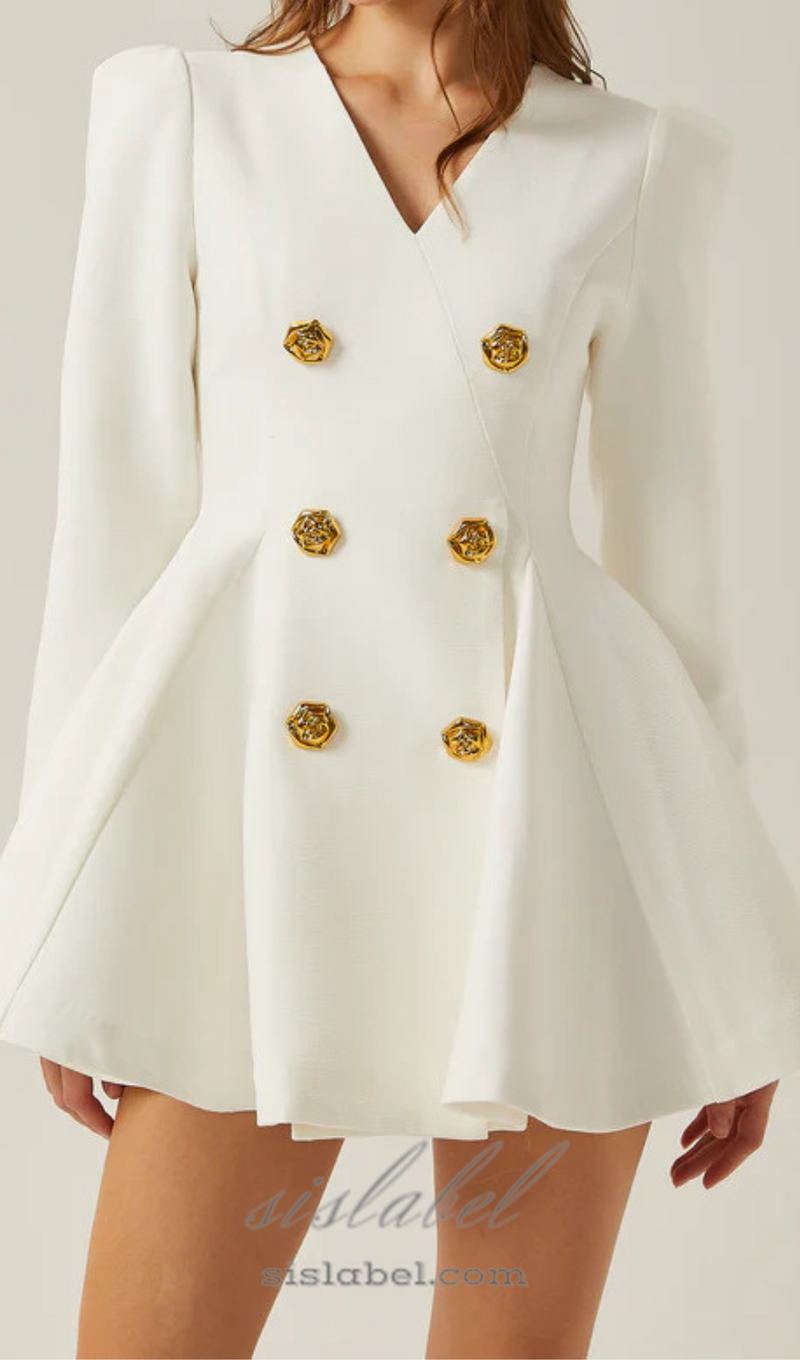 gold-button pleated peplum-hem white  blazer dress