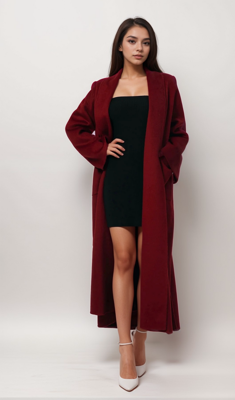 Luxurious Deep Red Belted Wool Coat with Oversized Fit