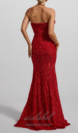 HELOISE RED SEQUIN STRAPLESS LARGE HEMLINE MAXI DRESS