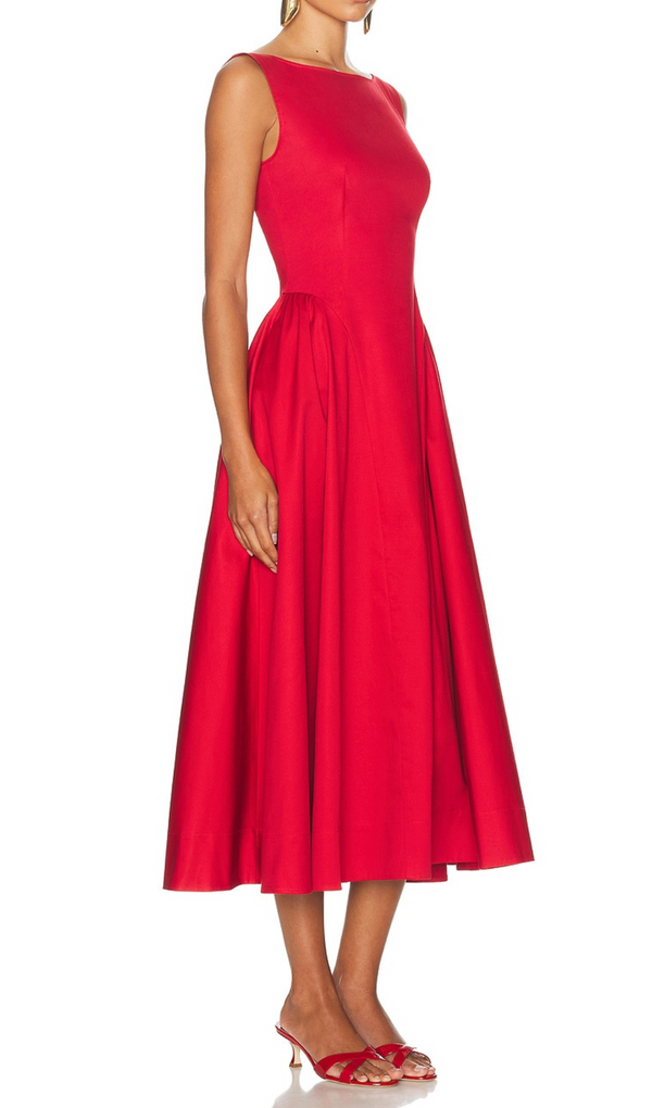 Stretch Cotton Sateen Midi Dress in red