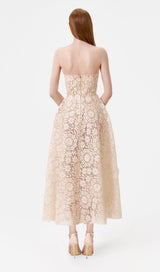 Beaded Butterflies Midi Dress In Beige