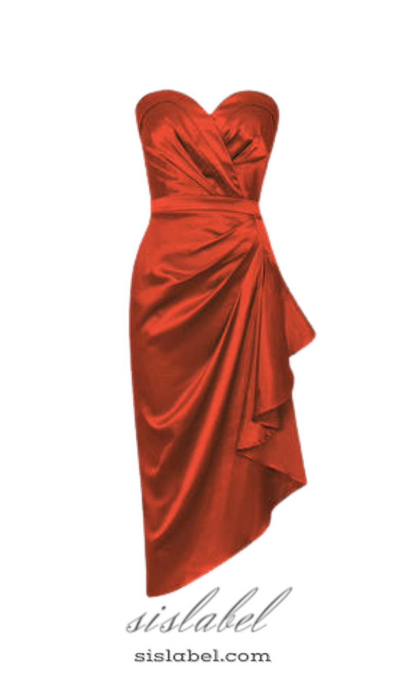 ORANGE STRAPLESS BACKLESS SIDE SPLIT PLEATED MIDI DRESS