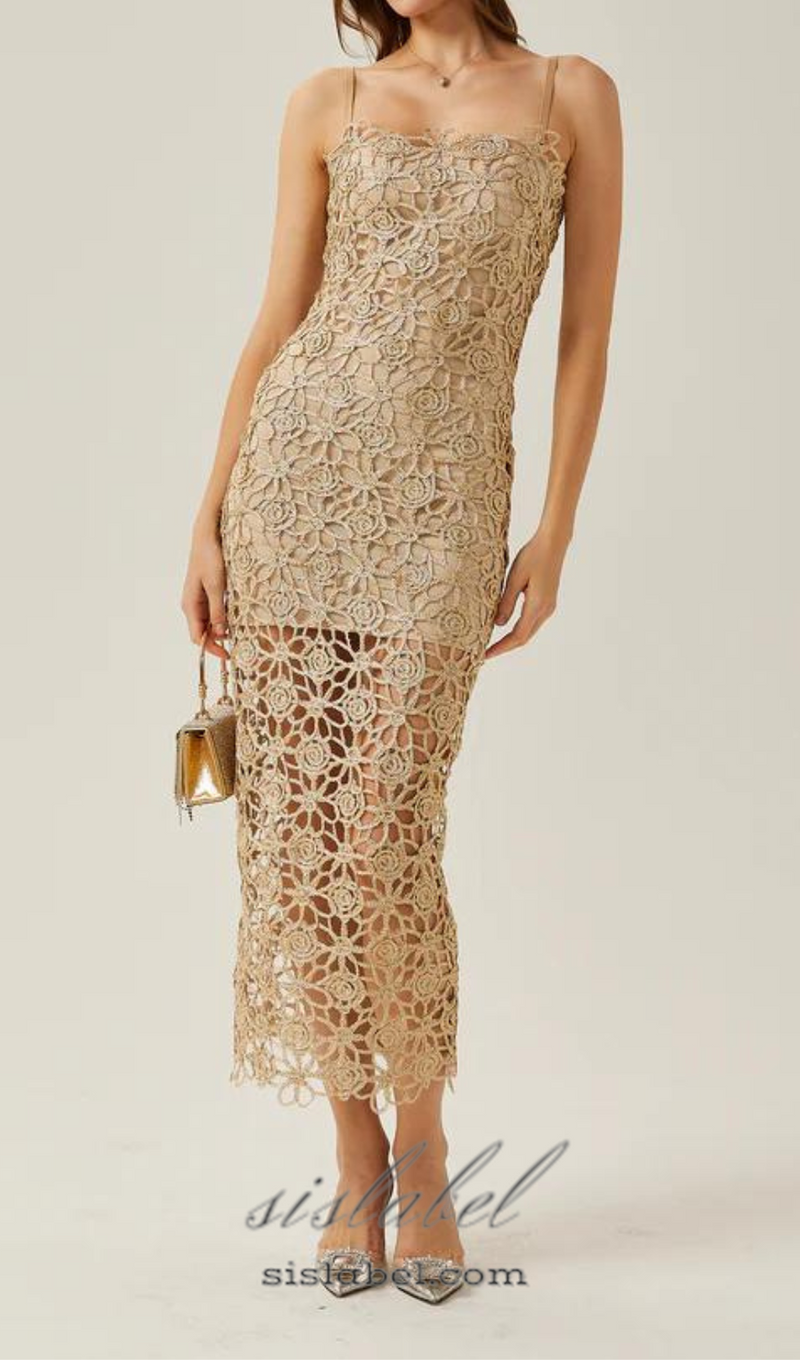 AGNES GOLD LACE CROCHET CUTOUT MIDI DRESS