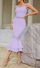 AGATHA MERMAID HEM FLORAL LACE BANDAGE MIDI DRESS IN PURPLE