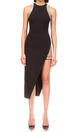 CRYSTAL SPLIT MIDI DRESS IN BLACK