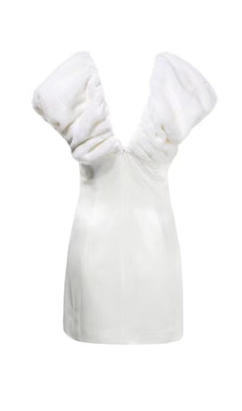 WHITE STRAPLESS FUR SATIN MINI DRESS