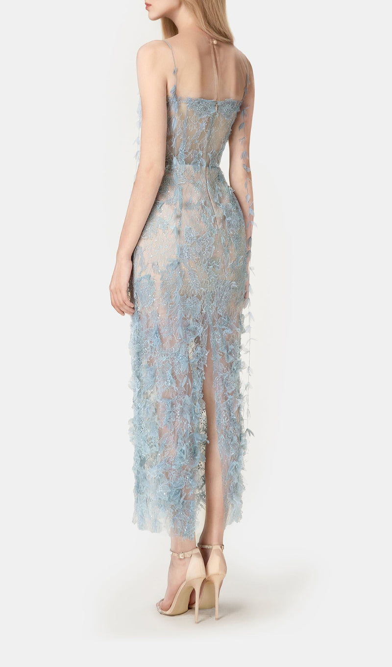 Blue Beaded Lace Pencel Dress