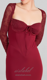 burgundy satin maxi dress with corset