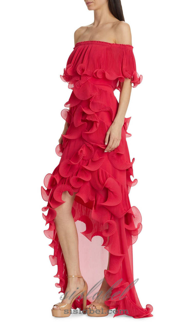 DORA ROSE RED OFF-SHOULDER PLEATED ORGANZA MAXI DRESS