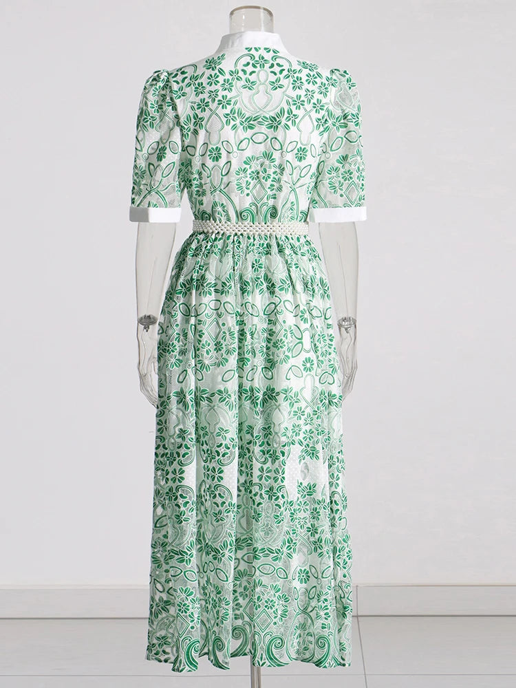 V NECK SPLICED BELTS EMBROIDERY MIDI DRESS IN GREEN