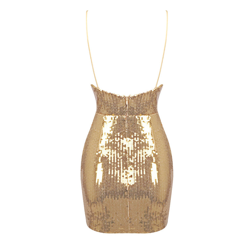 DRAPED SEQUINED TULLE MINI DRESS IN GOLD