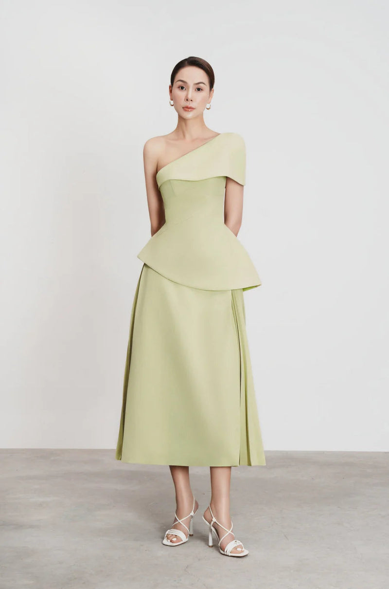 One Shoulder Top Flare Midi Skirt suit in Olive Green