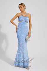 MARIAN BLUE CUTOUT SEQUINS HALTER MAXI DRESS