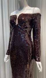 long sleeve sequin maxi dress in brown