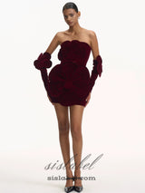 Flower-embellished Velvet Mini Dress in burgundy