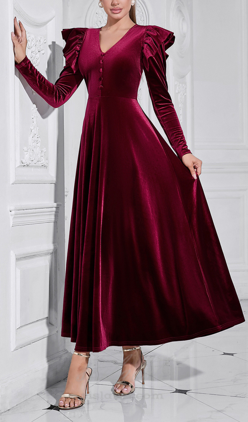 IRMA BURGUNDY V-NECK RUFFLE TRIM EMBELLISHED VELVET MAXI DRESS