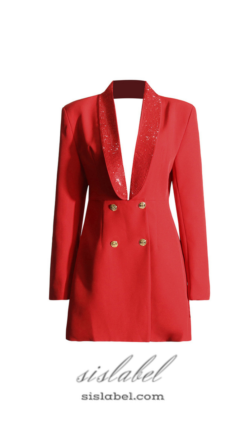 GEORGIA RHINESTONE BUTTON BACKLESS BLAZER IN RED