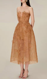 CARAMEL FLORAL LACE EMBROIDER MIDI DRESS