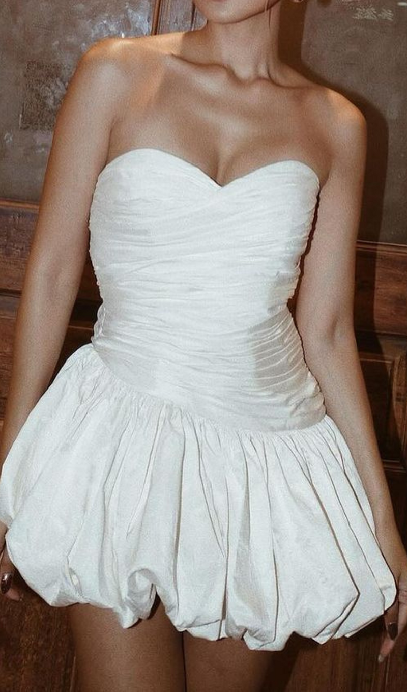 Balloon Draped strapless Mini Dress in white