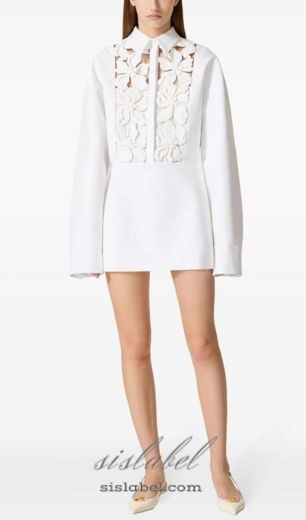 ETHEL FLORAL CUTOUT LONG SLEEVES SHIRT DRESS IN WHITE