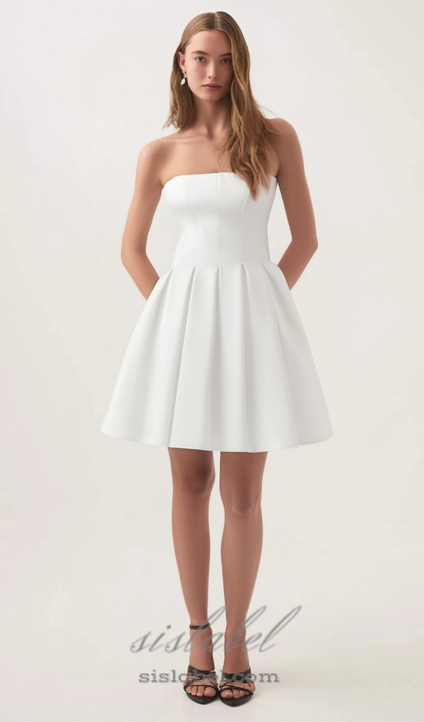 alyssa white strapless pleated mini dress