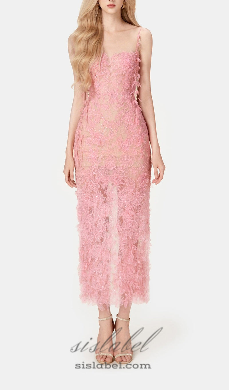 Pink Beaded Lace Pencel Dress