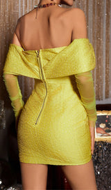 YELLOW OFF SHOULDER RUCHED MESH MINI DRESS