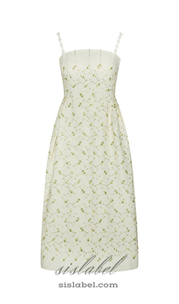 GREEN PRINTED PERAL STRAPS MIDI DRESS