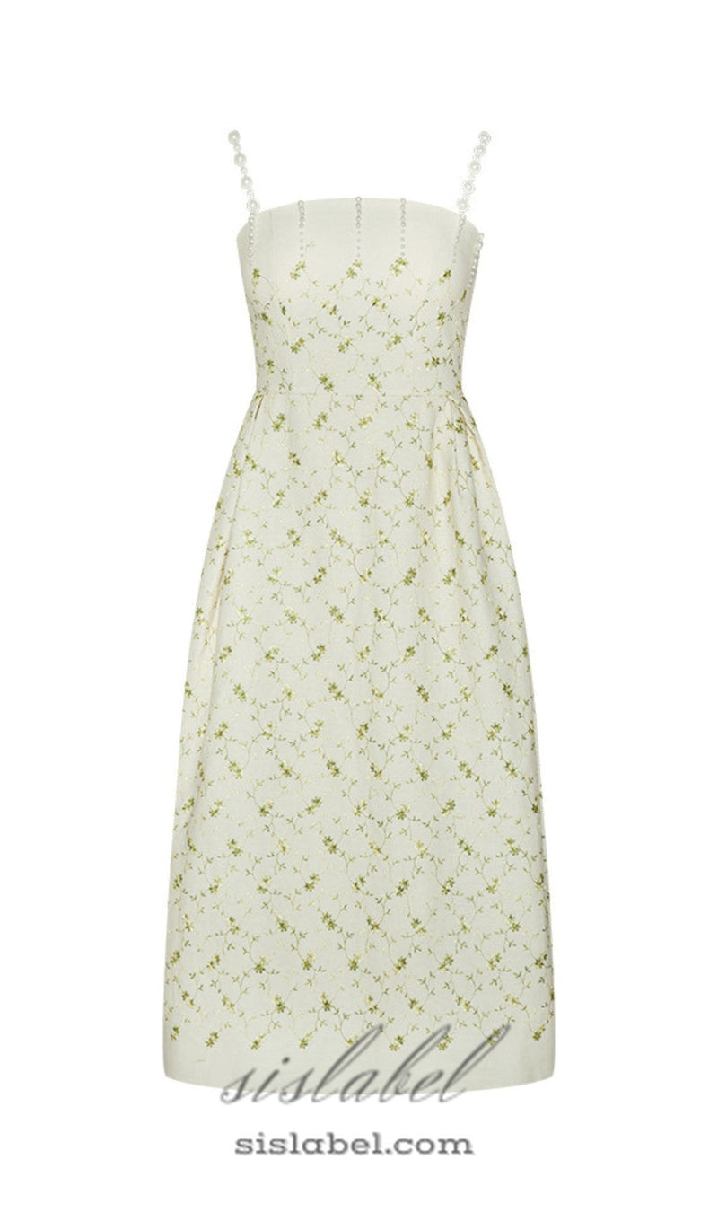 GREEN PRINTED PERAL STRAPS MIDI DRESS