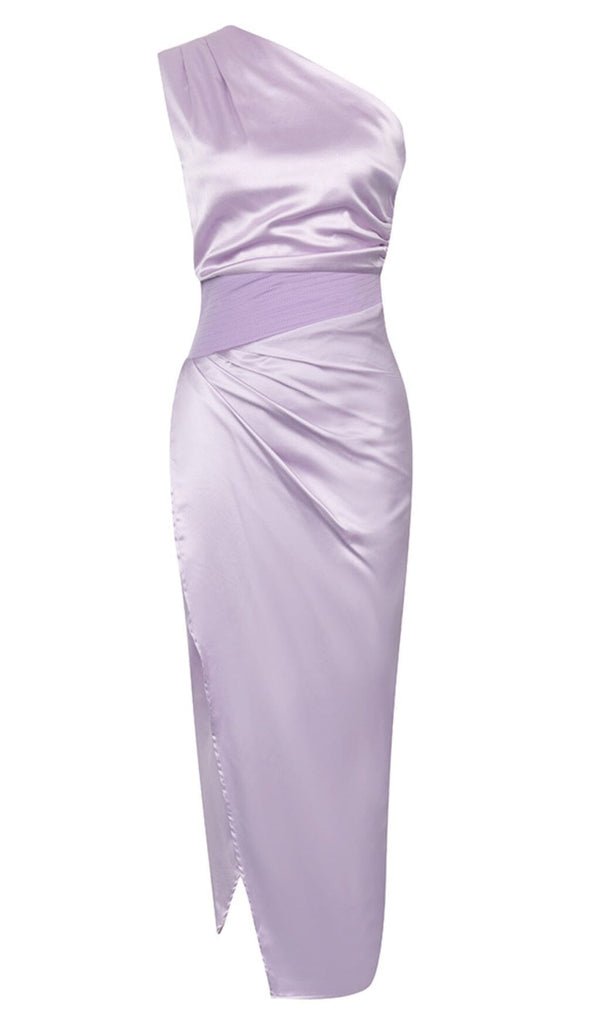 ONE SHOULDER SATIN MIDI DRESS IN LILAC