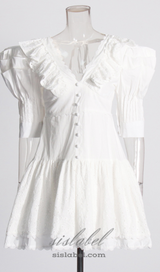 WHITE V-NECK EMBROIDERED RUFFLED MINI DRESS