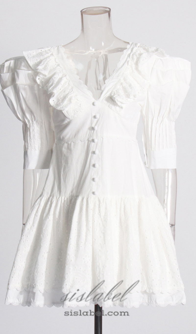 WHITE V-NECK EMBROIDERED RUFFLED MINI DRESS