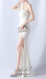 DEBBY WHITE ONE SHOULDER FLOWER CUT OUT SLIT MAXI DRESS