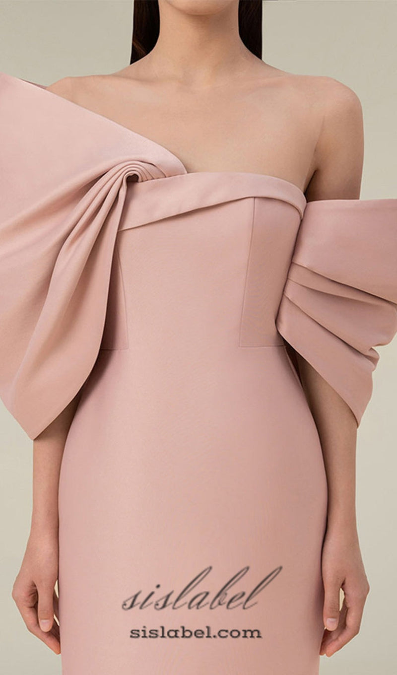 OFF SHOULDER RUCHED MIDI DRESS IN PINK