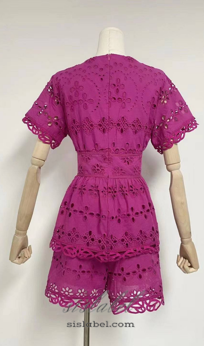 MAGGIE PURPLE LAYERED CUT OUT LACE TOP SHORTS SUIT