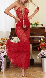 RED STRAPLESS LACE MERMAID DRESS