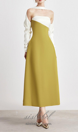 ARLENE YELLOW LONG SLEEVED CUT OUT SILK TAFFETA MIDI DRESS