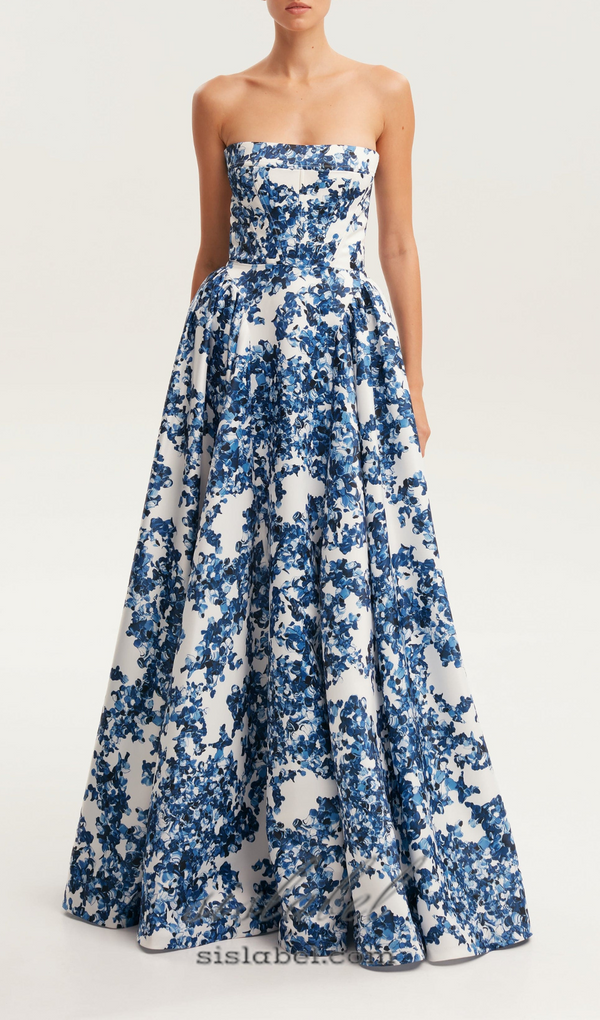 LETITIA BLUE HYDRANGEA STRAPLESS MAXI DRESS