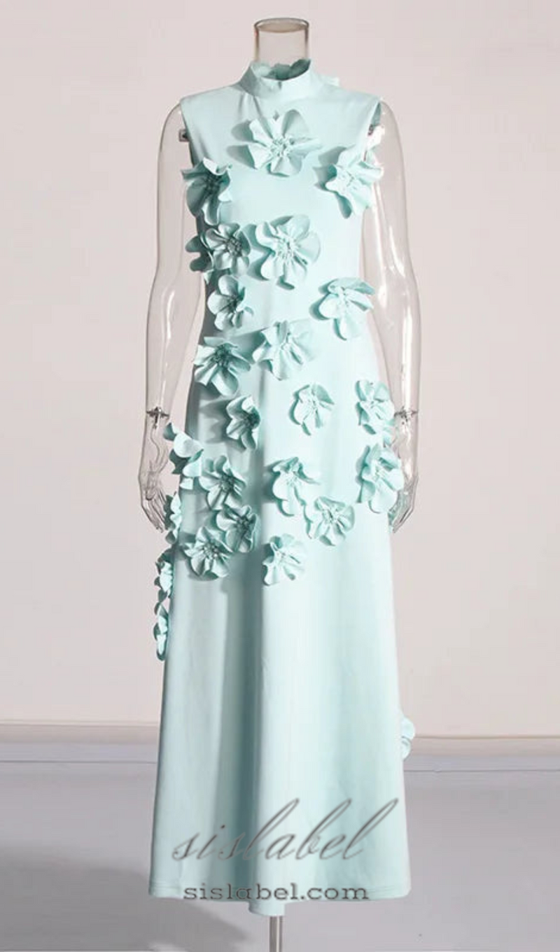 ANNONA GREEN FLOWER EMBELLISHED MAXI DRESS